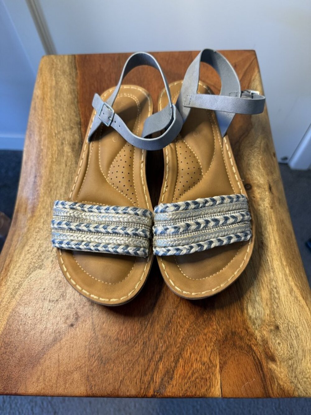 Grey Woven Ankle Strap Flat Sandals